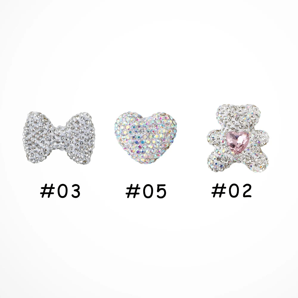 3pcs Love Crystal Rhinestones Colorful Bow Classic Straight Hole Beads DIY Phone Keychain Necklace Accessories