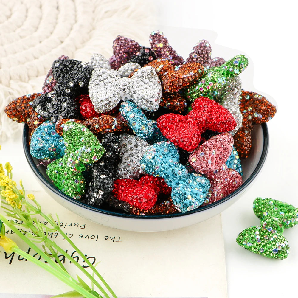 3pcs Love Crystal Rhinestones Colorful Bow Classic Straight Hole Beads DIY Phone Keychain Necklace Accessories
