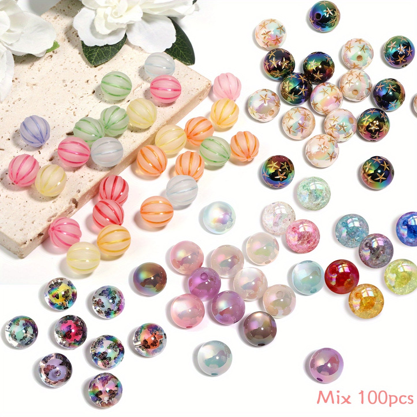 100pcs 16mm Assorted Acrylic and Resin Beads Transparent Printed Cat Eye Crackle Inner Beads for DIY Beadable Pens Keychains Phone Charms Crafts
