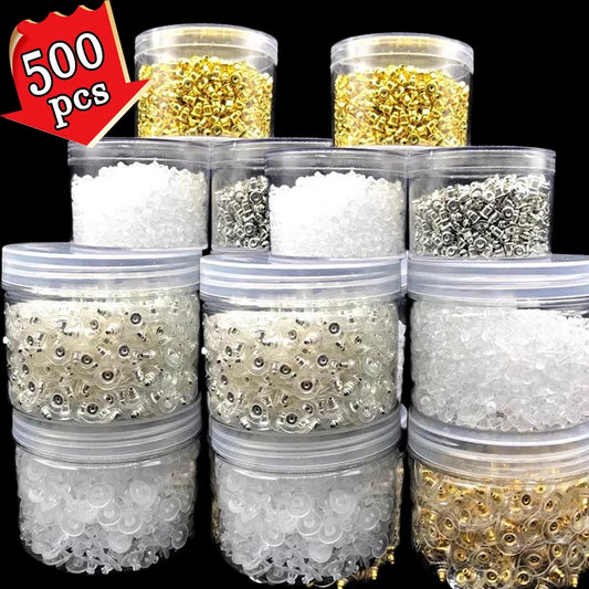 500pcs Ear Plug Box Clear Silicone Rubber Alloy Earring Clasp Earrings Accessories Kit DIY Jewelry Making Ears Hook Findings