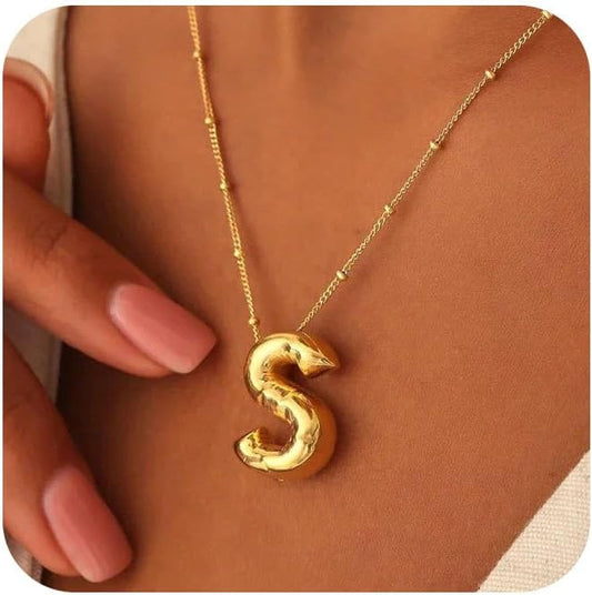 Bubble Letter Necklace Gold for Women,14K Gold Plated Bubble initial Necklace Layered Gold Initial Necklaces for Women Trendy Dainty Chunky Charm Name Necklace Gold Jewelry Set Gifts for her