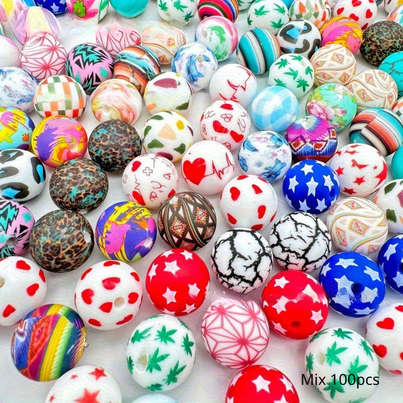 100pcs 15mm Patterned Silicone Beads Bulk Assorted Styles for DIY Bracelet Keychain Pen Necklace Jewelry Making Kit