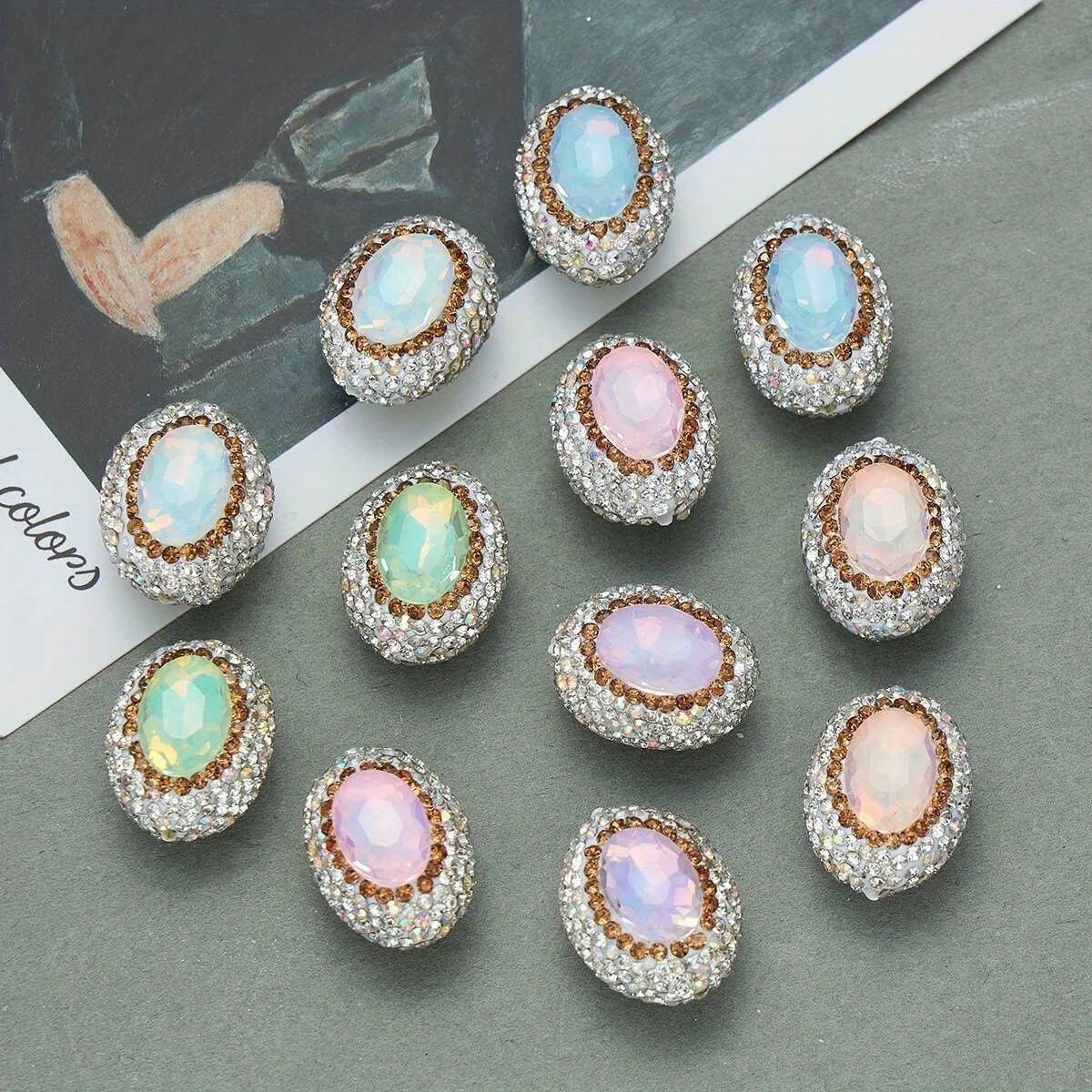 20pcs Oval Glass Rhinestonecrystal Opal Beads Polymer Clay Beads,for Jewelry Making DIY Phone Chain Bead Pen Decorate Accessories
