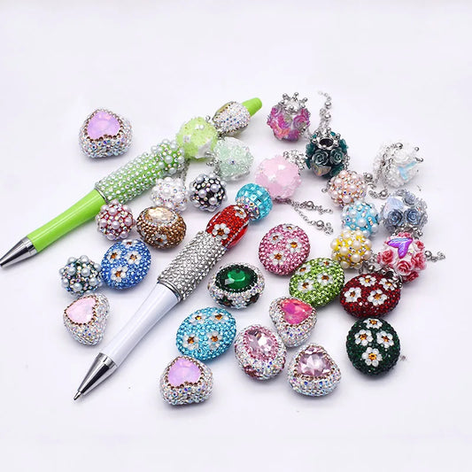 20pcs Shiny Polymer Clay Beads Rainbow Rhinestone Disco Round Heart Beads for DIY Jewelry Mobile Phone Chain Bead Pen Accessories