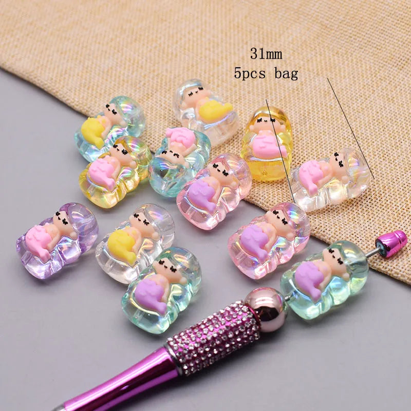 20pcs/bag Handmade Acrylic Beads Little Bear Rabbit Toon Mermaid Beads for Jewelry Making DIY Phone Chain Bead Pen Accessories
