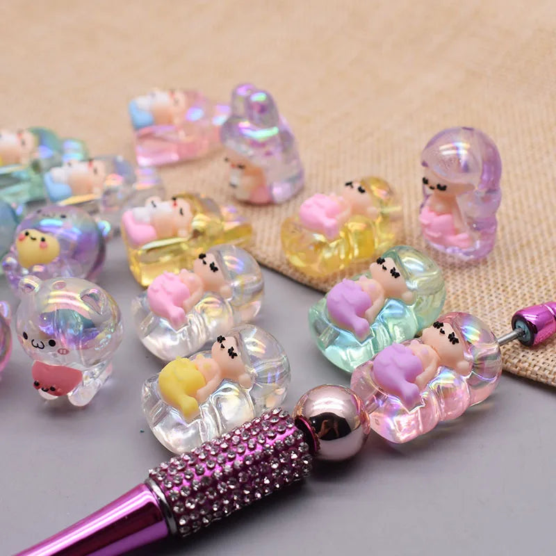 20pcs/bag Handmade Acrylic Beads Little Bear Rabbit Toon Mermaid Beads for Jewelry Making DIY Phone Chain Bead Pen Accessories