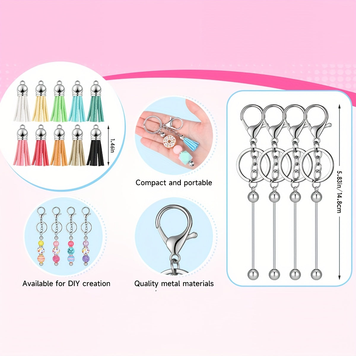 40pcs Beadable Keychains Bars Metal Beaded Keychain Blank Keychain Strips and Colorful Leather Keychain Tassel Loose for DIY Keychain Pendant Jewelry Crafts