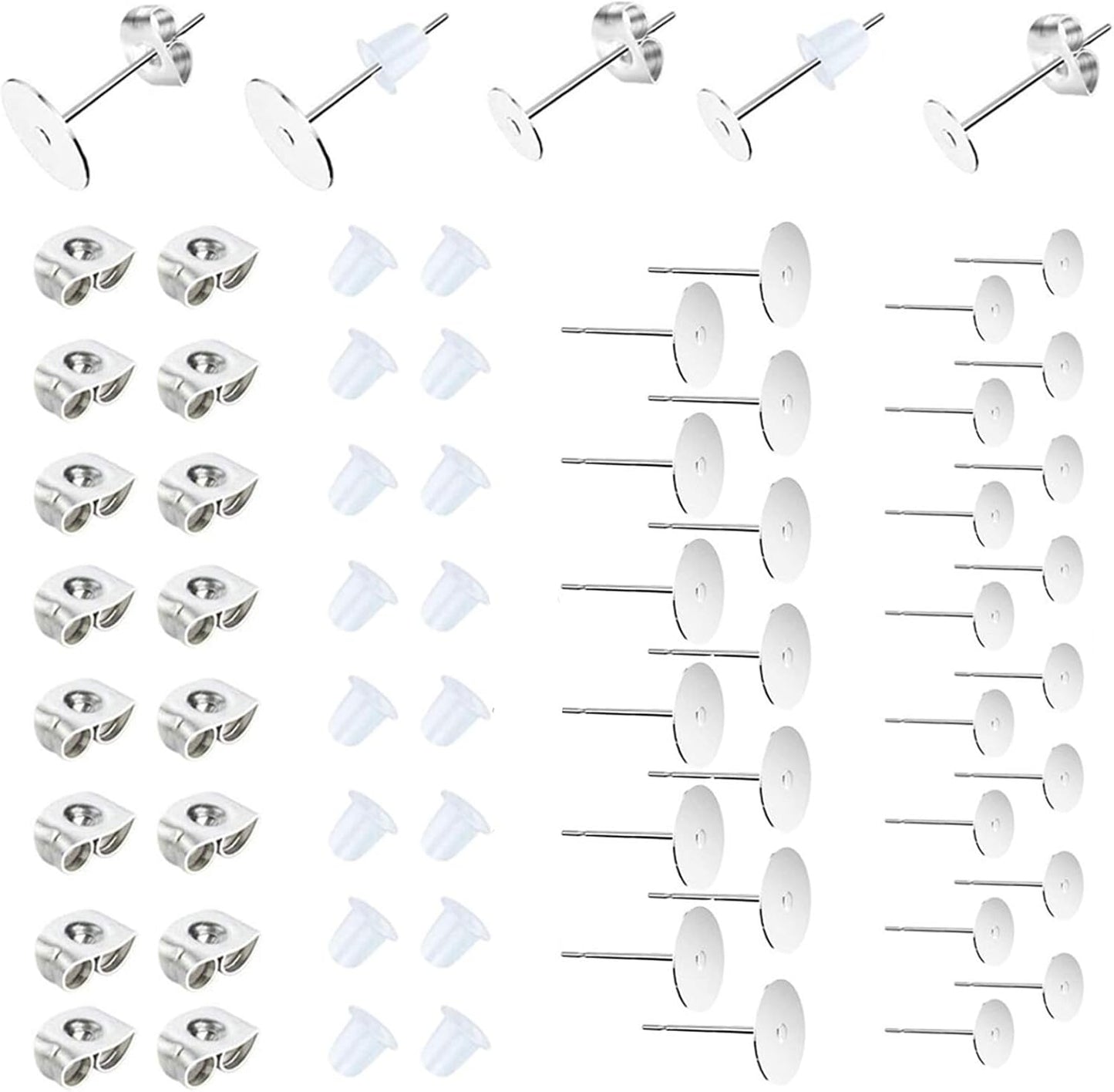 450PCS Earring Posts Stainless Steel Flat Pad,Hypoallergenic Stud Earrings with Butterfly and Rubber Bullet Earring Backs for Jewelry DIY Making Findings (Silver) (Silver)