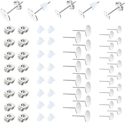 450PCS Earring Posts Stainless Steel Flat Pad,Hypoallergenic Stud Earrings with Butterfly and Rubber Bullet Earring Backs for Jewelry DIY Making Findings (Silver) (Silver)
