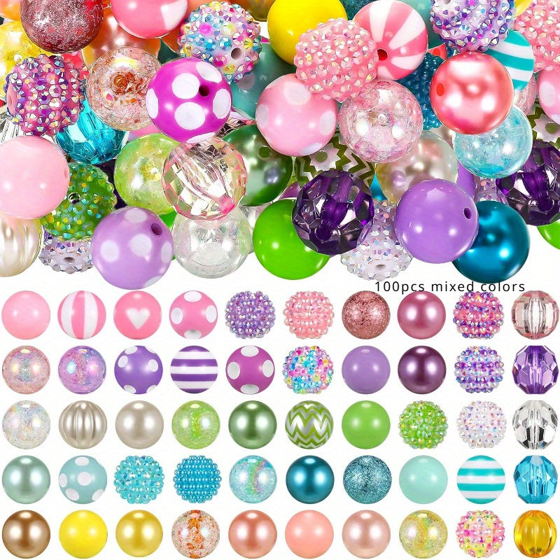 100pcs 20mm Beads for Pens Rhinestone Bubblegum Beads Mixed Crystal Resin Sugar Chunky for Pens Beadable Keychains DIY Craft Pen Jewelry Making Supplies