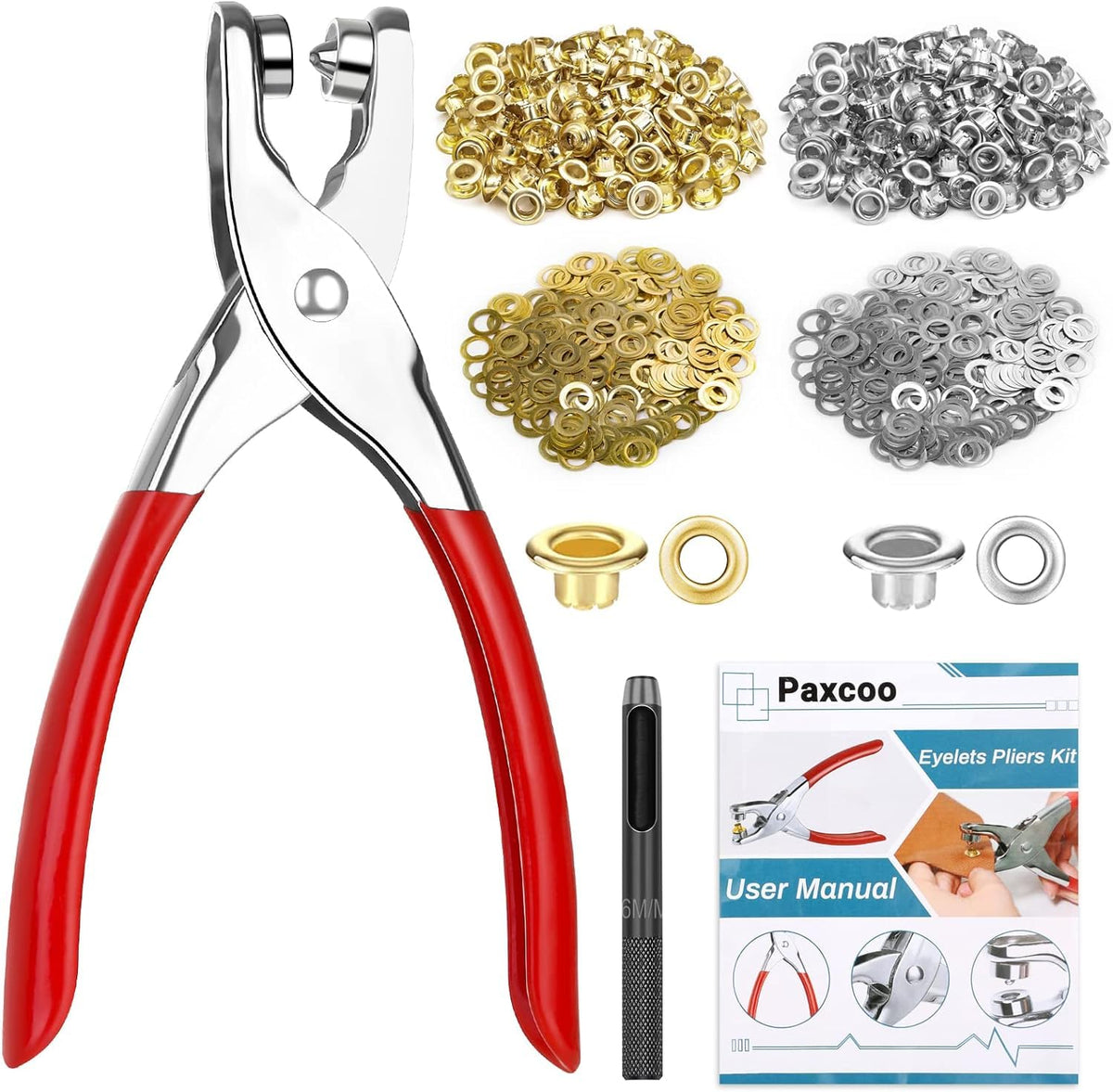803Pcs Grommet Eyelet Pliers Kit, 1/4 Inch Grommet Tool Kit with 800 Metal Eyelets, Grommet Hand Press kit for Leather Crafts(Inside Dia: 6.4mm/Outer Dia: 12mm (A.I.S.)/Flange Width: ~3mm)