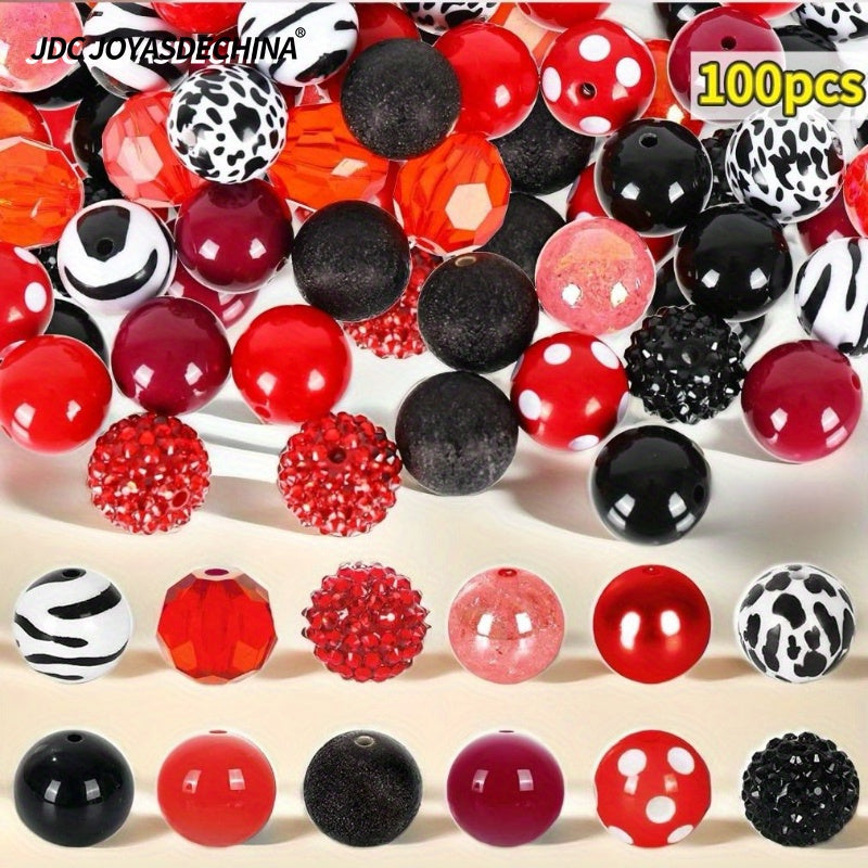 100pcs 20mm Red Cow Beads Set 12 Styles Mixed Bubblegum Beads Red and Black Spacer Beads Chunky Jumbo Plastic Beads for DIY Beadable Pens Keychains and Other Beadable Items Jewelry Making Crafts Boutique Supplies