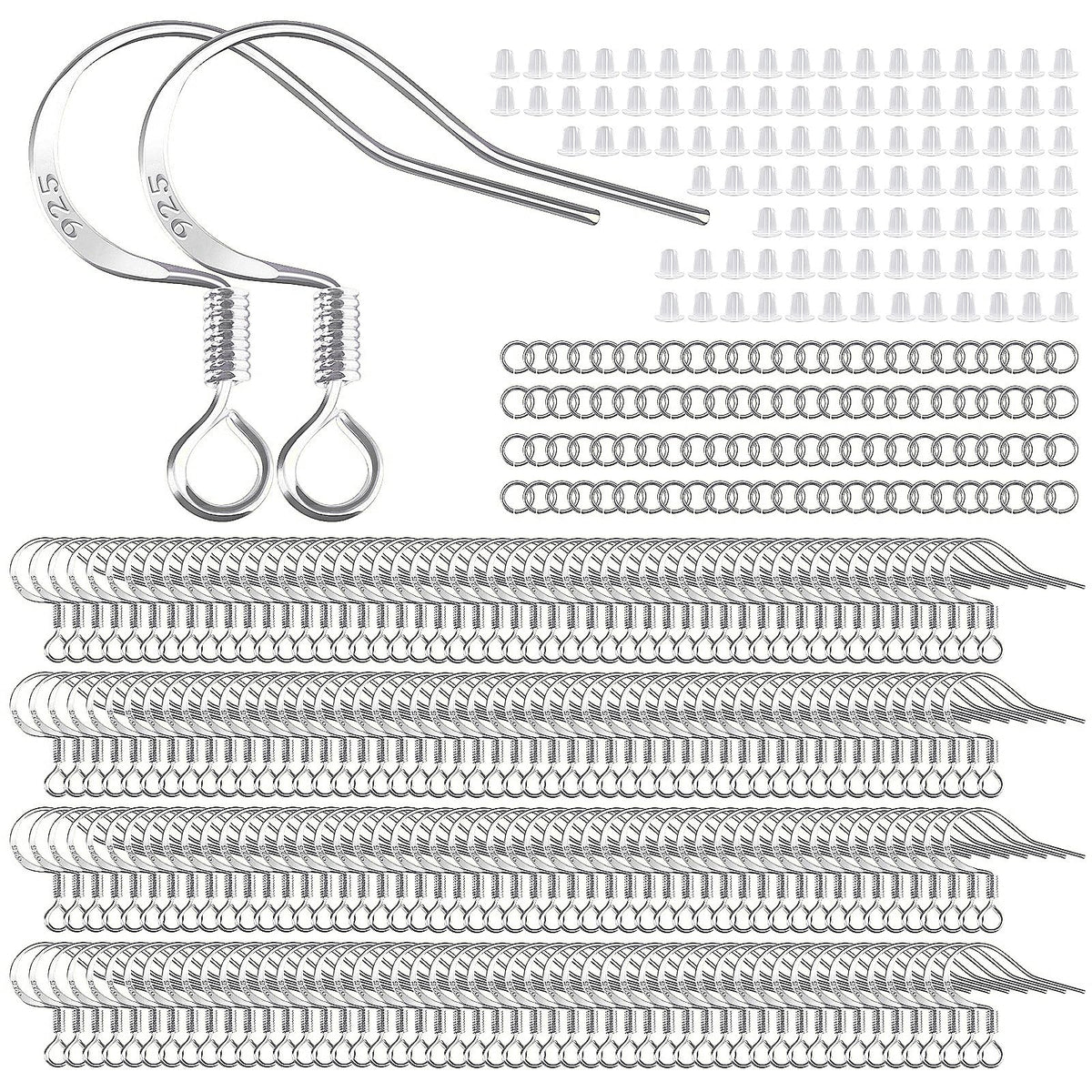 200 PCS/100 Pairs 925 Sterling Silver Plated Earring Hooks Hypoallergenic Silver Ear Wires Fish Hooks with 100 PCS Clear Silicone Earring Backs and 100 PCS Jump Rings for DIY Jewelry Making