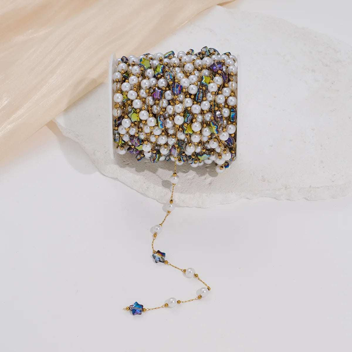 E250 Gold Plated Stainless Steel Permanent Chain Colorful Crystal Star Stone Chain Pearl Beads Chains for Diy