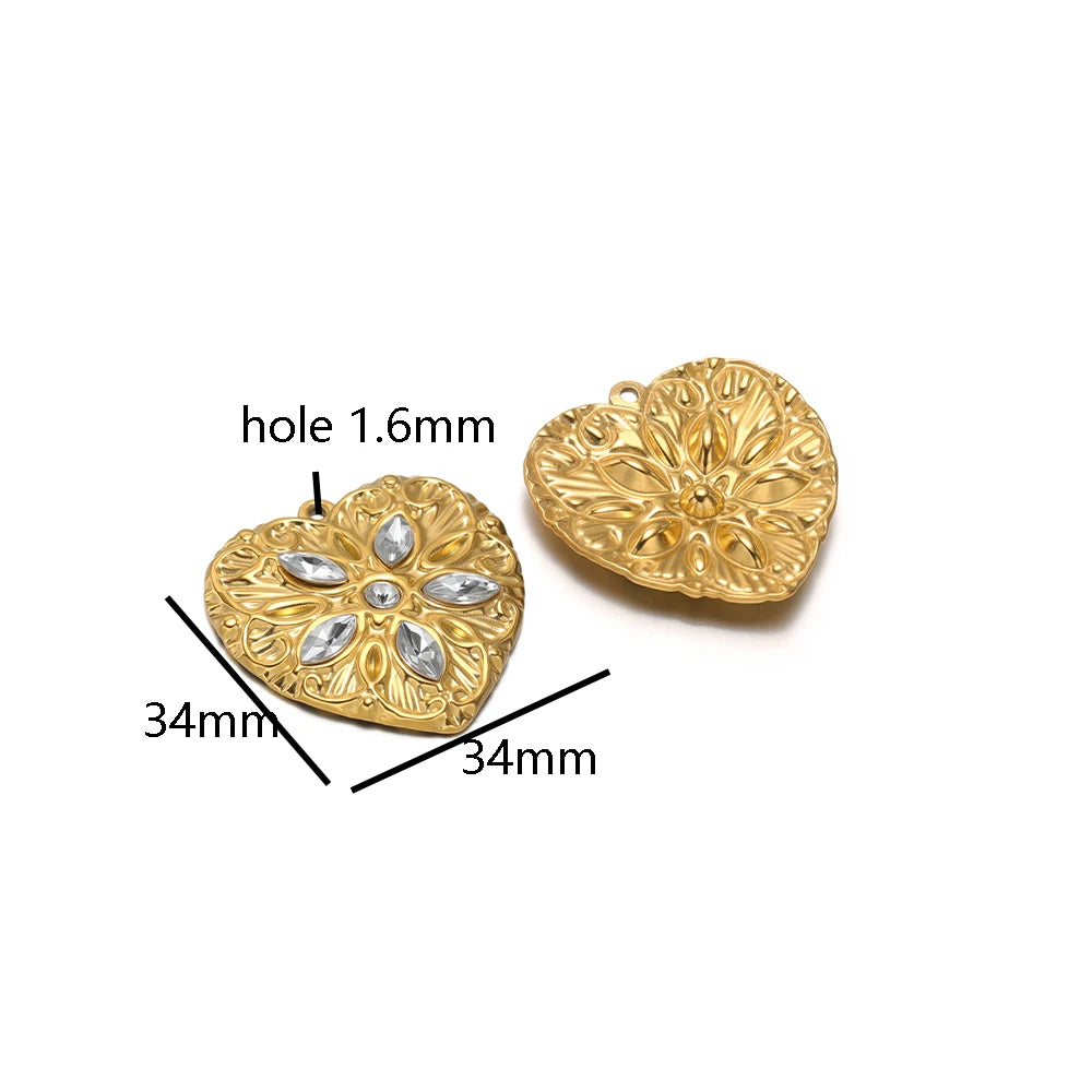 Heart Shaped Charm18k Gold Plated Stainless Steel Five-petaled Flowers Zircon Pendant for DIY Necklace Jewelry Making