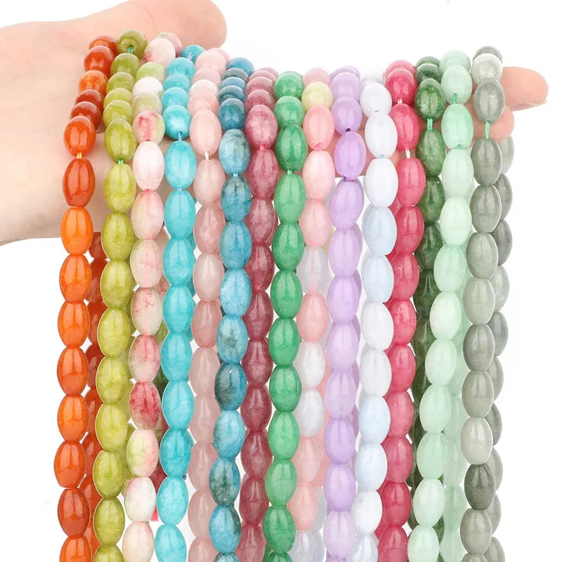 New Natural 8x12mm Rice Dyed Rainbow Colorful Jade Loose Bead, Mutil-color Jade Tourmaline Beads for DIY Women Jewelry Making