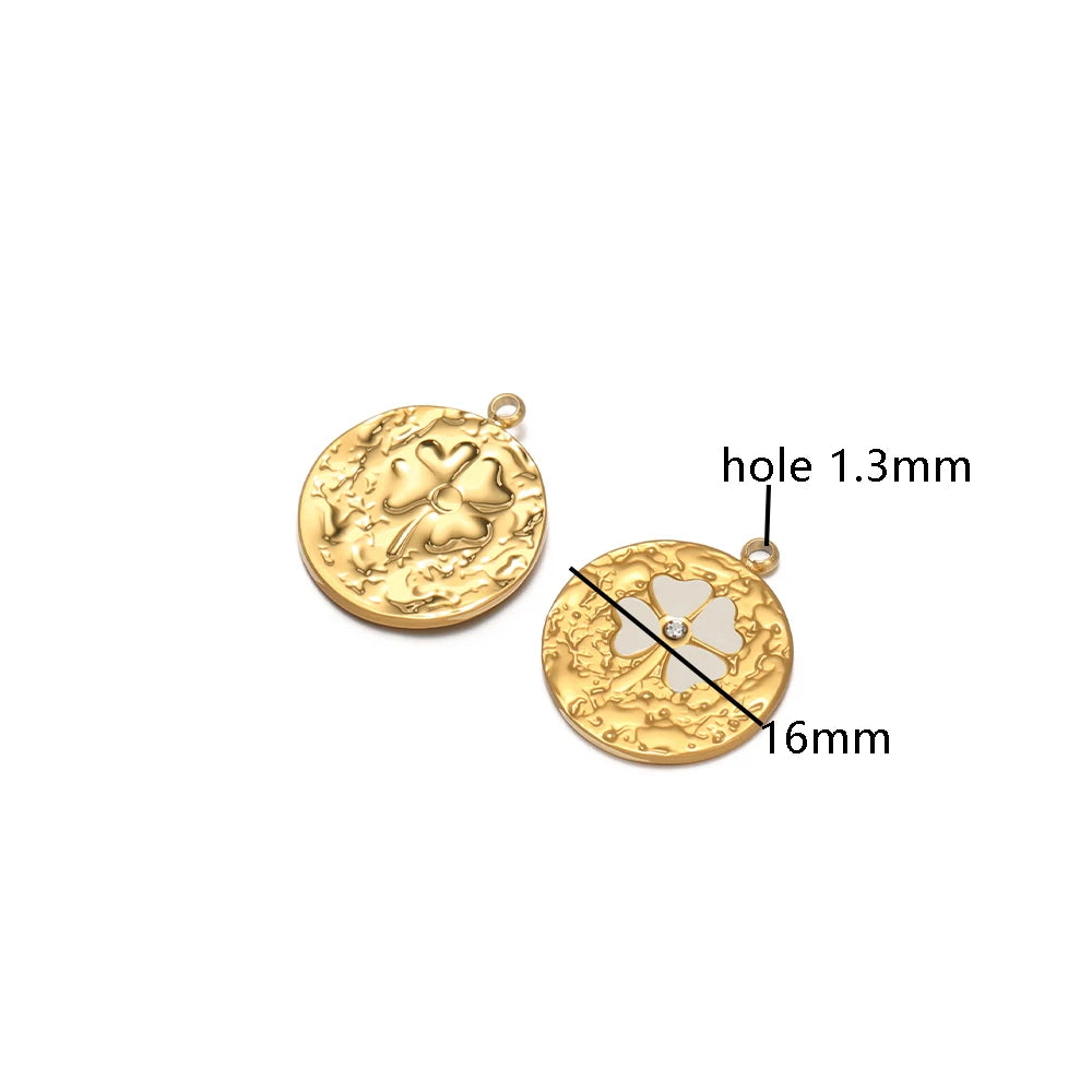 New Product Stainless Steel 18k Gold Plated Enamel Four Leaf Clover Crumpled Round Charm Pendant for Jewelry Necklace Making
