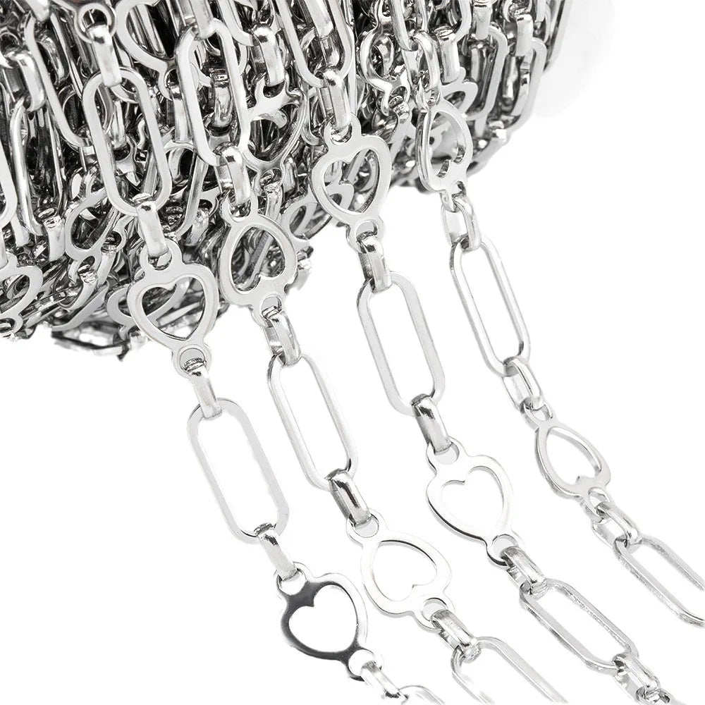 E258 Non Tarnish Gold Silver Chain Waterproof Stainless Steel Chains Paper Clip Heart Chains for Jewelry Custom Diy
