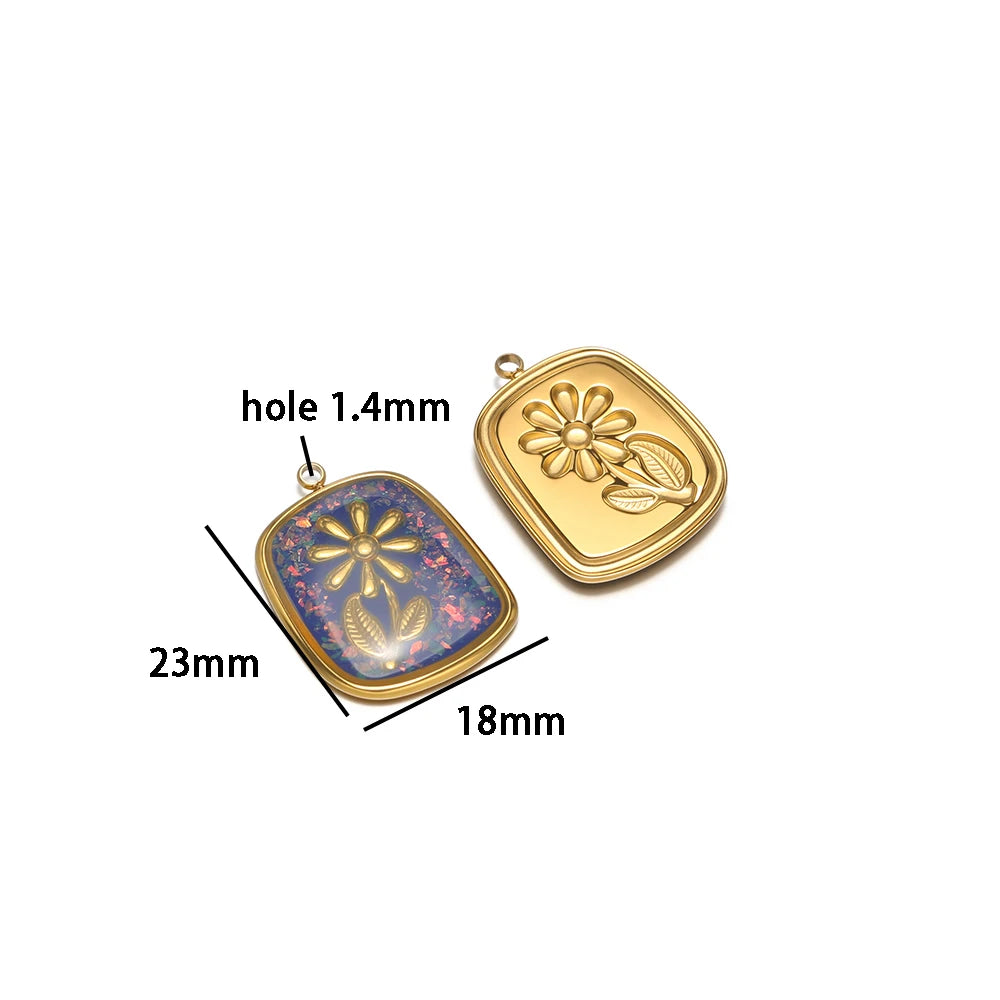 Fashion 18k Gold Plated Stainless Steel Square Enamel Flower Charm Pendant for DIY Necklace & Earring Making Accessories