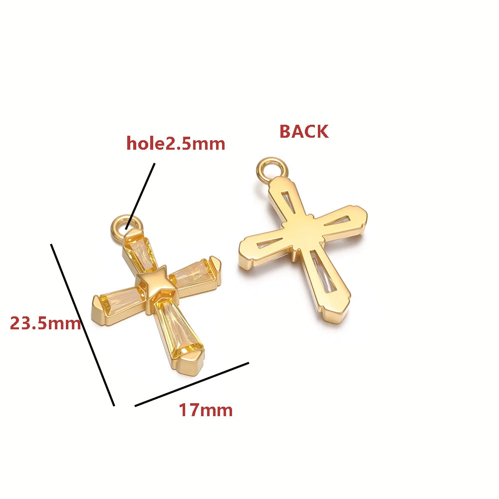 18K Gold Hollow Cross Charm Single-sided Zircon Inlay Geometric Rectangle CZ Pendant Findings Religious Jewelry DIY Necklace
