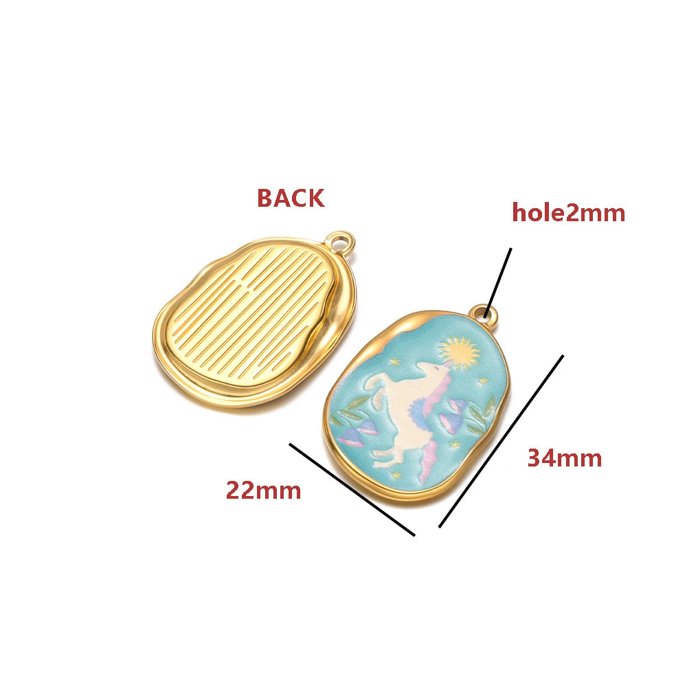 Cute Animal Pattern Oval Charms Gold Plated Enamel Pendant with Flamingo Dog Cat Unicorn DIY Jewelry Making Supplies