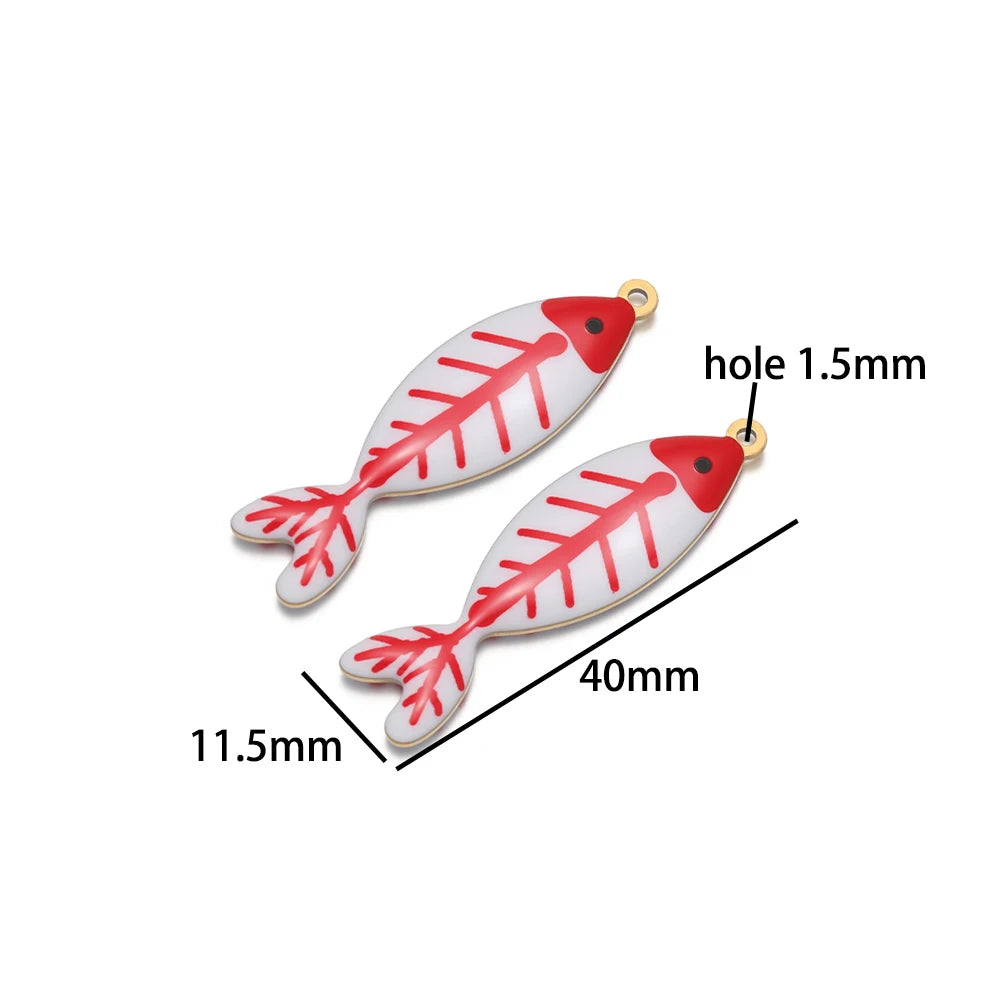 Handmade 18k Gold Plated Stainless Steel Enamel Cute Beach Fishbone Charm Pendant for Jewelry Necklace Making Accessories