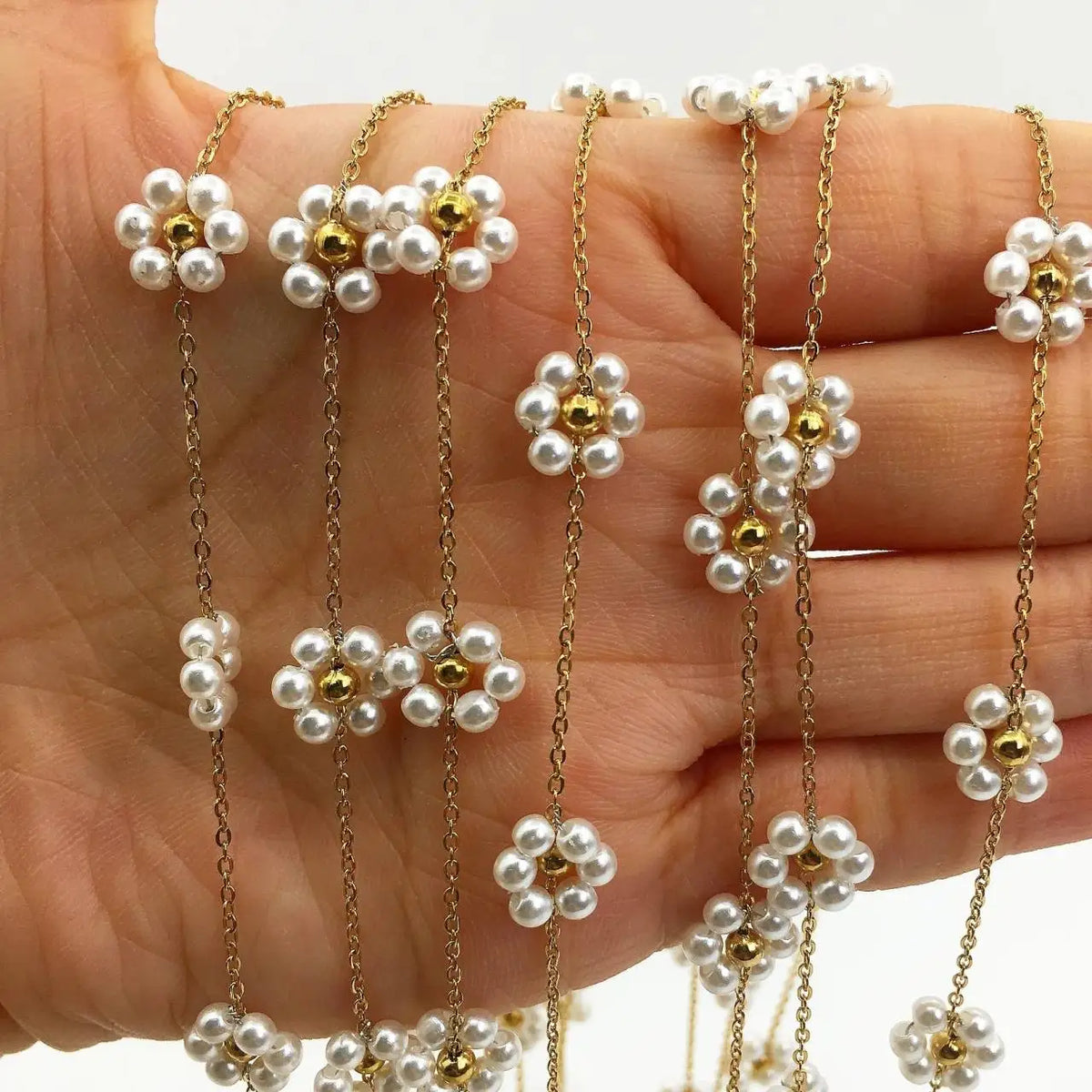 B3532 Freshwater Pearl Flower Charms Chain Stainless Steel Rosary Chain Bulk Jewelry Accessory Diy