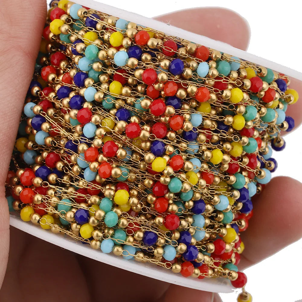 A713 Luxury Colorful Beads Beaded Chain,crystal Rosary Stainless Steel Chain for Necklace Bracelet Jewelry Making DIY