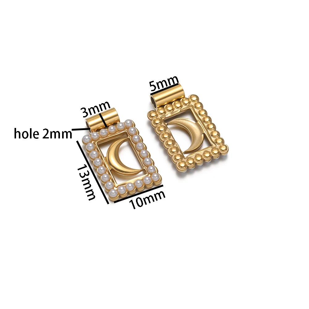 18k Gold Plated Stainless Steel Hollow Rectangular Pearl Four-leaf Clover Star Moon Charm Pendant for Necklace Jewelry Making