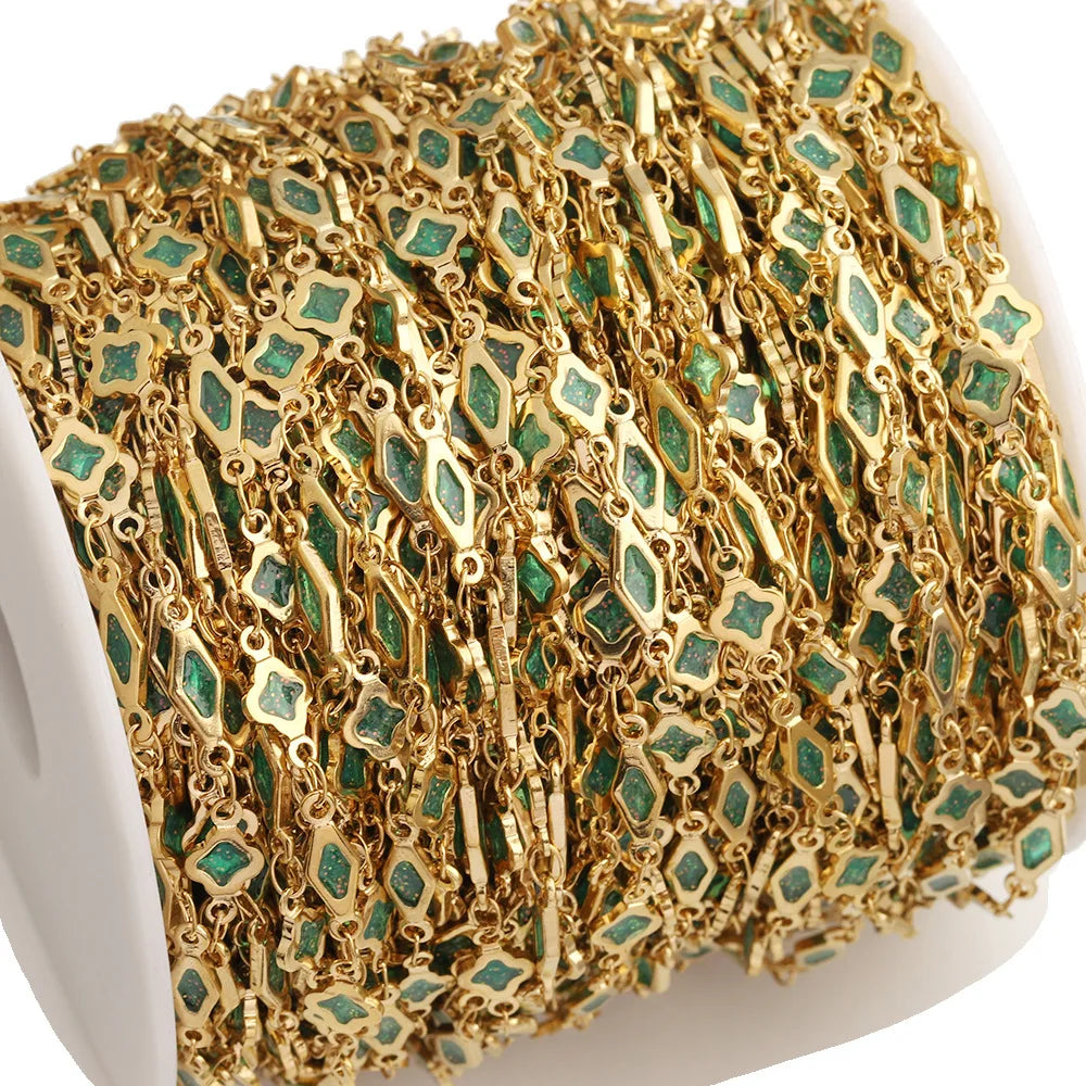 D842 Fashion Clover Flower Stainless Steel Chain Enamel Bulk Roll Necklace Bracelet Making Chain Jewelry Findings