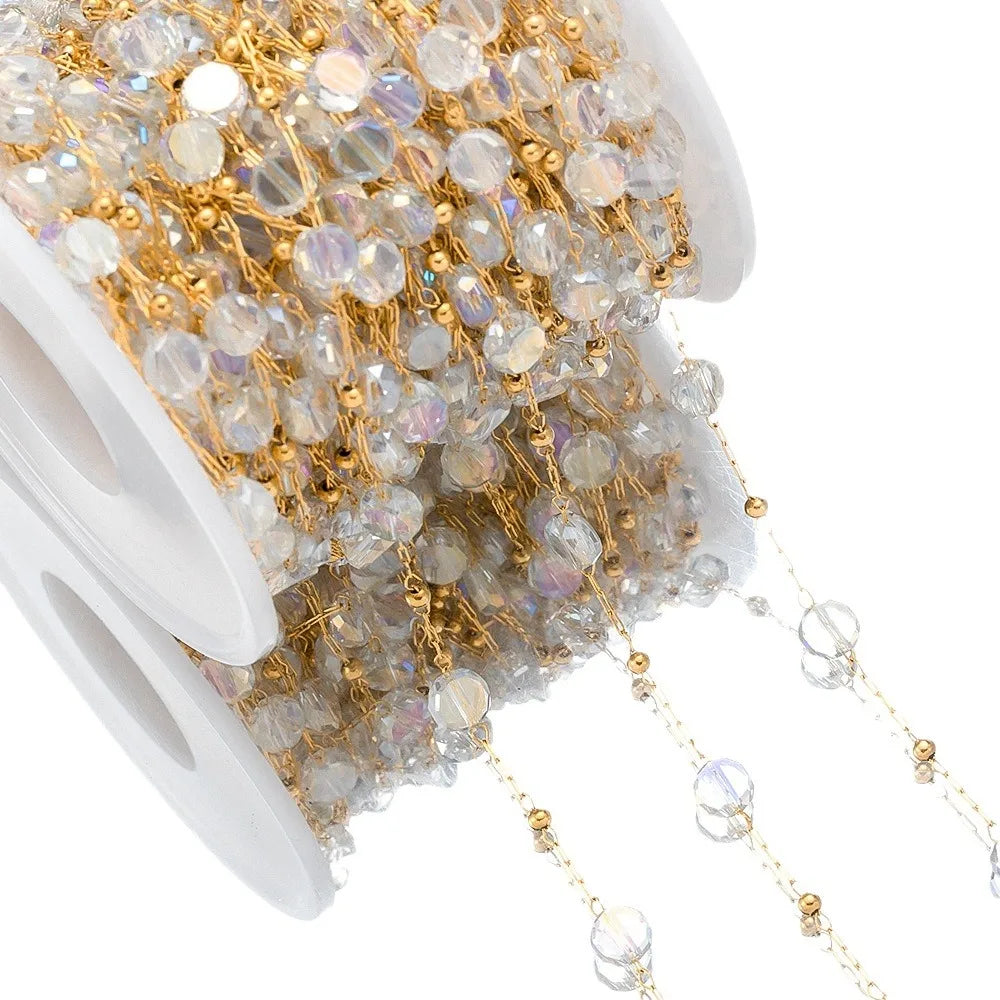 A1860 Hot Selling Crystal clear Beads Chain Beaded Gold Rosary Chain 18k Stainless Steel Jewelry Making Findings