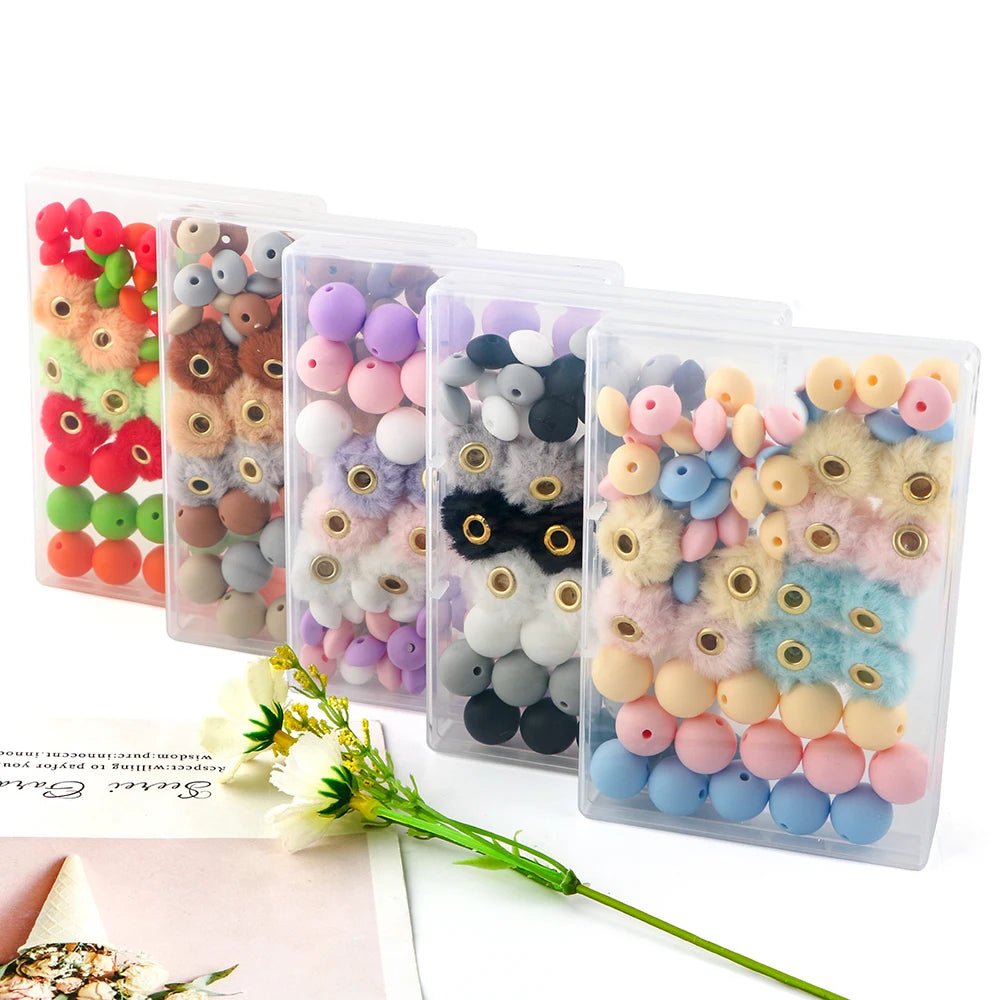 New 100pcs/Box Plush Fur Covered Ball Beads Round Lentil Beads Sets Bag For Jewelry Making DIY Pompom Pendant Necklace Earrings