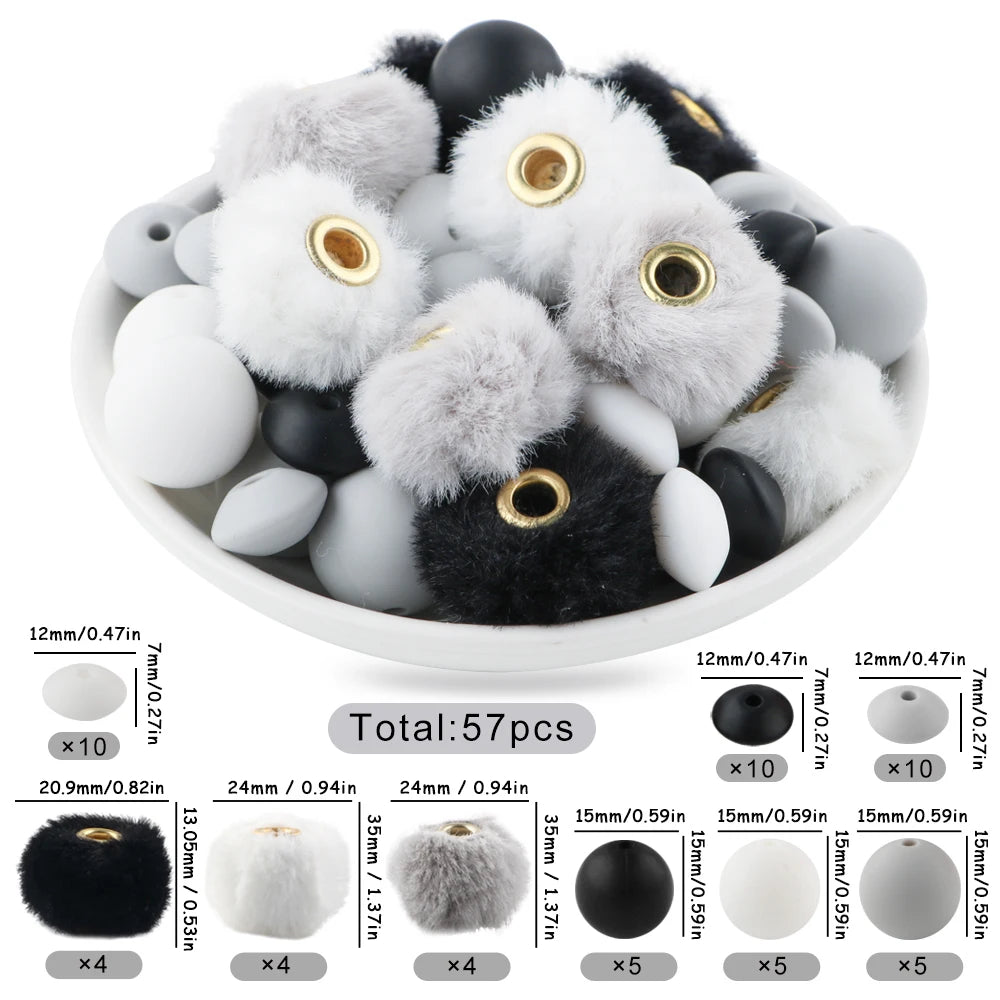 New 57pcs/Box Plush Fur Covered Ball Beads Round Lentil Beads Sets Bag For Jewelry Making DIY Pompom Pendant Necklace Earrings