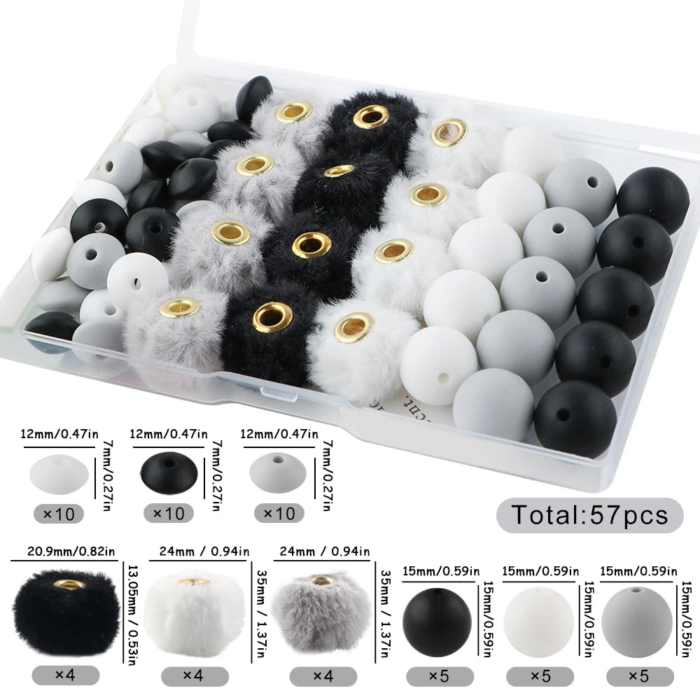 New 57pcs/Box Plush Fur Covered Ball Beads Round Lentil Beads Sets Bag For Jewelry Making DIY Pompom Pendant Necklace Earrings