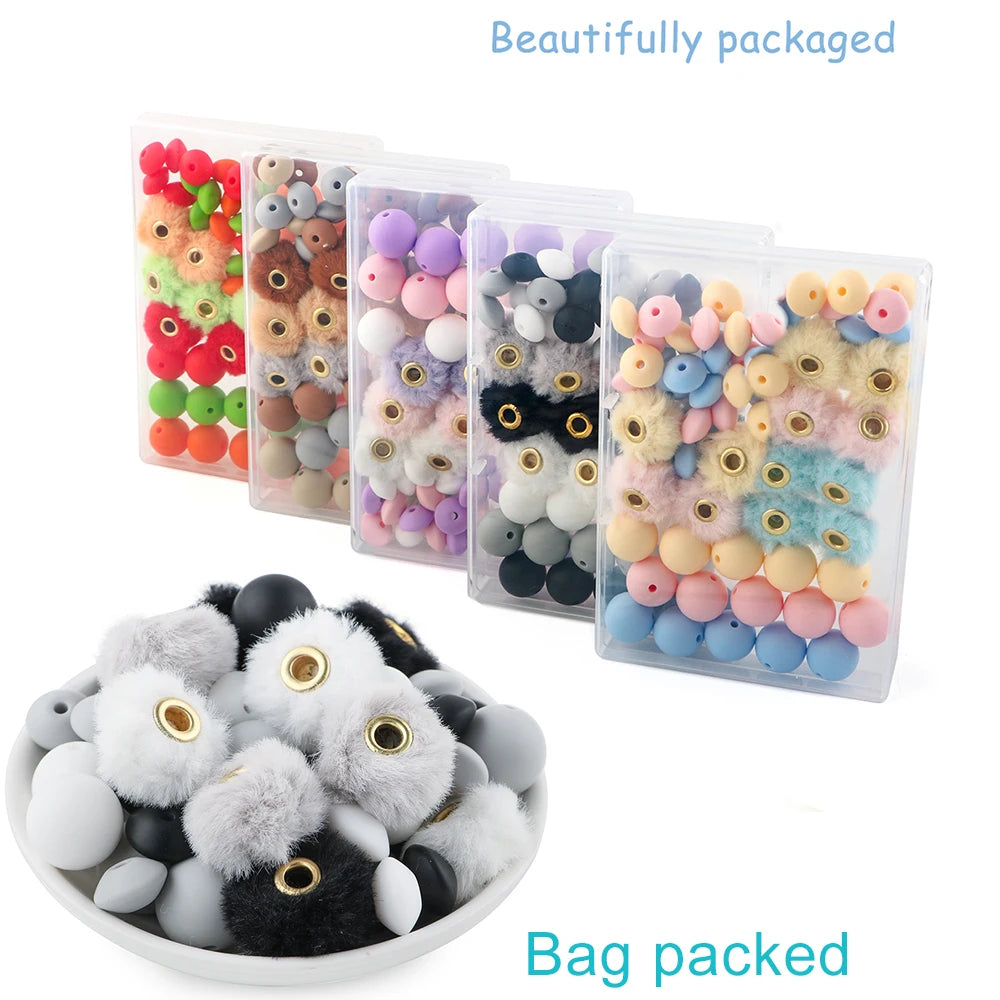 New 57pcs/Box Plush Fur Covered Ball Beads Round Lentil Beads Sets Bag For Jewelry Making DIY Pompom Pendant Necklace Earrings