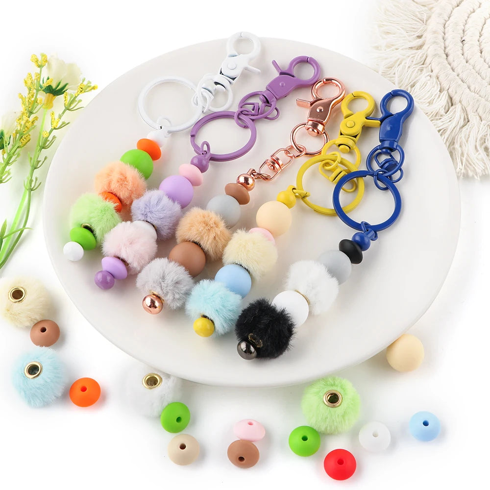 New 100pcs/Box Plush Fur Covered Ball Beads Round Lentil Beads Sets Bag For Jewelry Making DIY Pompom Pendant Necklace Earrings