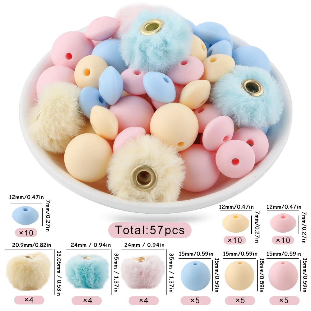 New 57pcs/Box Plush Fur Covered Ball Beads Round Lentil Beads Sets Bag For Jewelry Making DIY Pompom Pendant Necklace Earrings