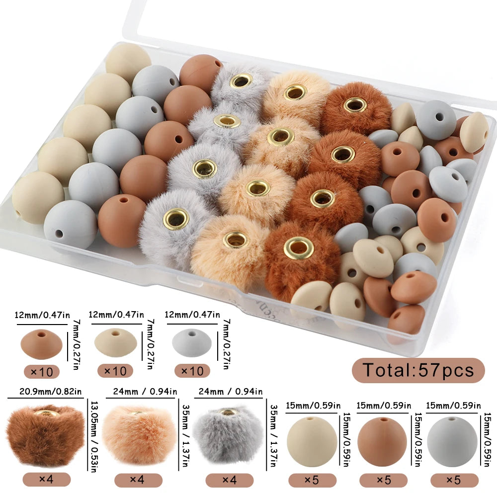 New 100pcs/Box Plush Fur Covered Ball Beads Round Lentil Beads Sets Bag For Jewelry Making DIY Pompom Pendant Necklace Earrings