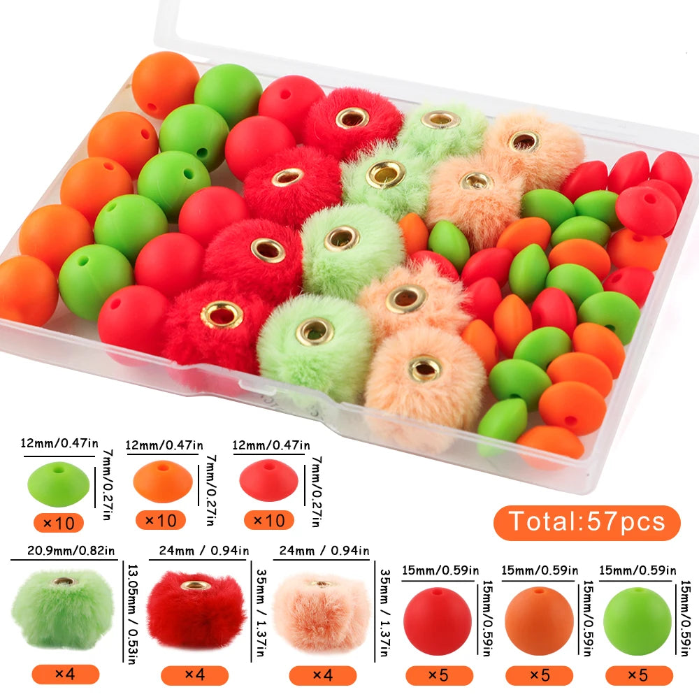 New 57pcs/Box Plush Fur Covered Ball Beads Round Lentil Beads Sets Bag For Jewelry Making DIY Pompom Pendant Necklace Earrings