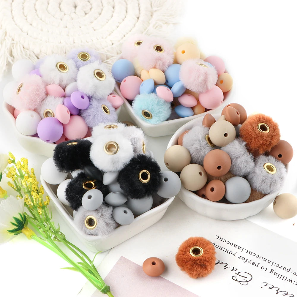 New 100pcs/Box Plush Fur Covered Ball Beads Round Lentil Beads Sets Bag For Jewelry Making DIY Pompom Pendant Necklace Earrings