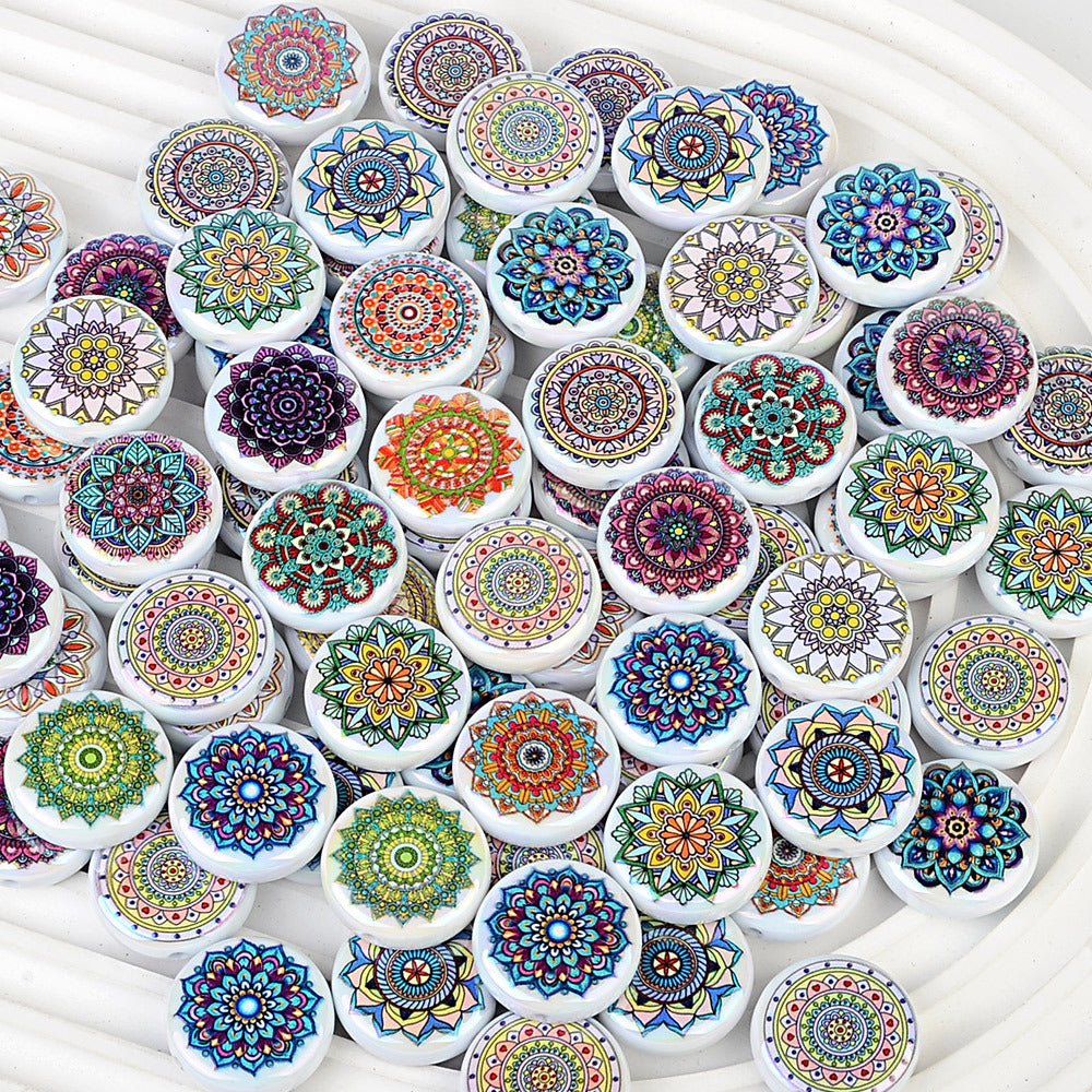 100Pcs Amazon popular mandala pattern style acrylic flat bead DIY bracelet necklace pendant material accessories