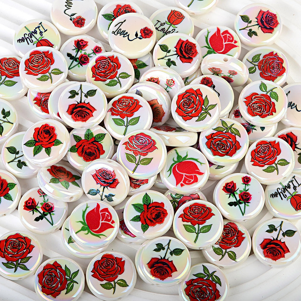 100Pcs Valentine's Day rose printing flat bead disc acrylic plated colored bead mobile phone chain string pen bead DIY accessories material