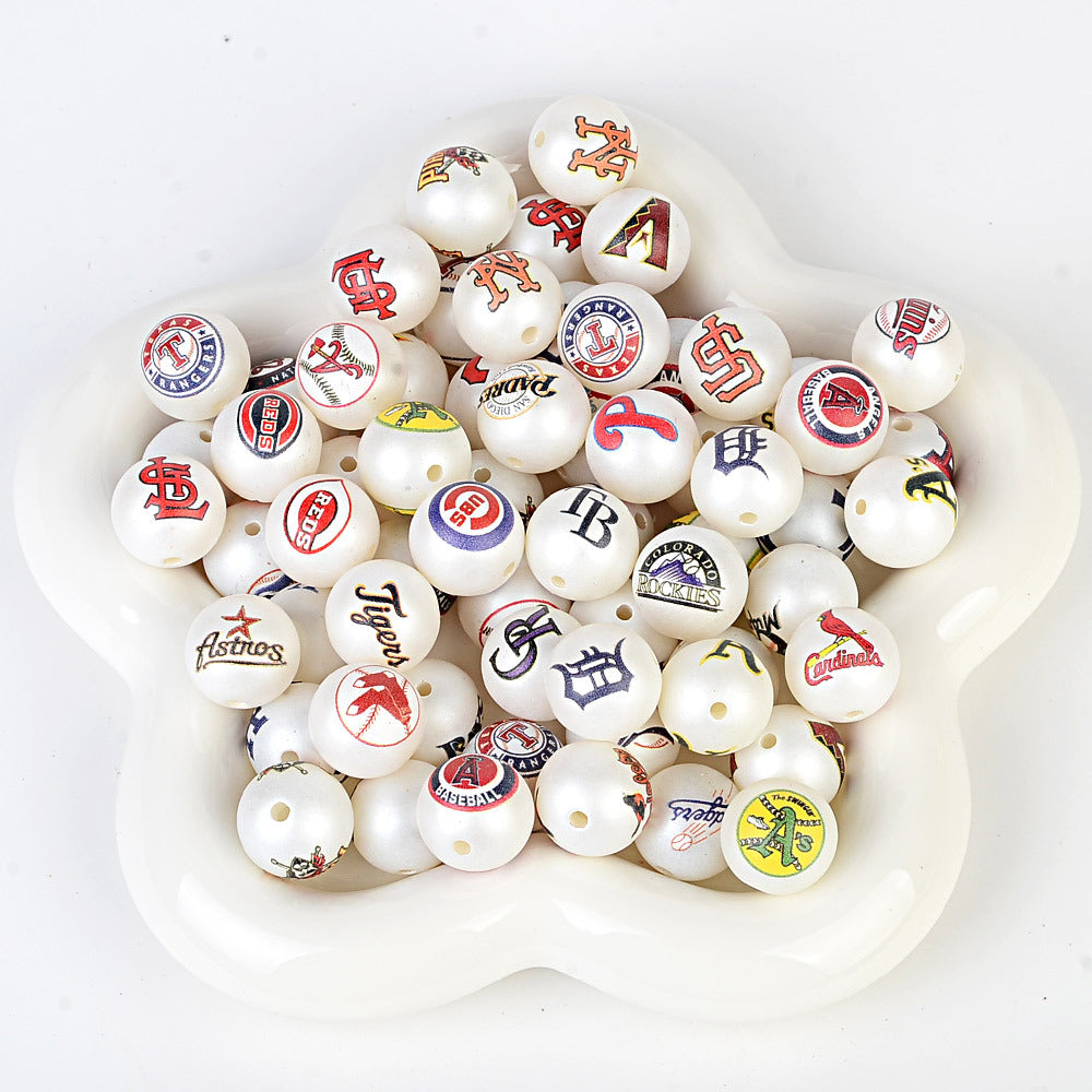 100Pcs 16mm frosted printing MLB baseball league round beads loose beads DIY bead pen car hanging baseball team accessories