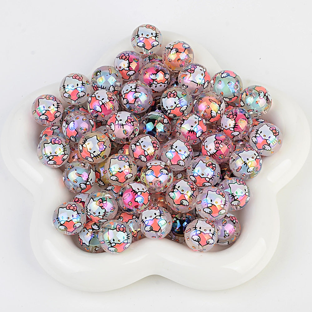 100Pcs printed Sanrio Hello Kitty hallo KT straight hole round beads DIY jewelry loose beads mobile phone chain bead pen accessories