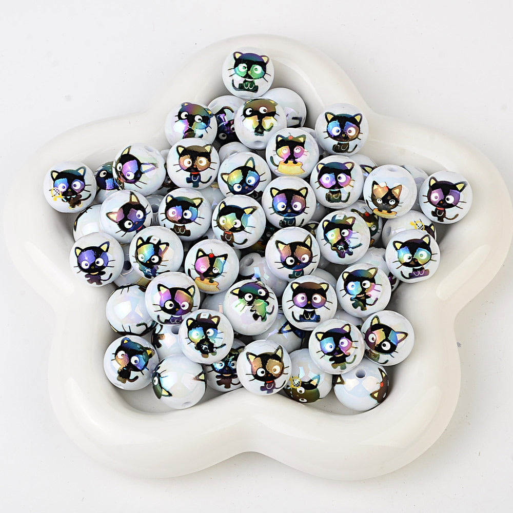 100Pcs 16mm acrylic solid color printing cartoon small black cat straight hole round beads DIY Douyin live broadcast mobile phone rope jewelry beads