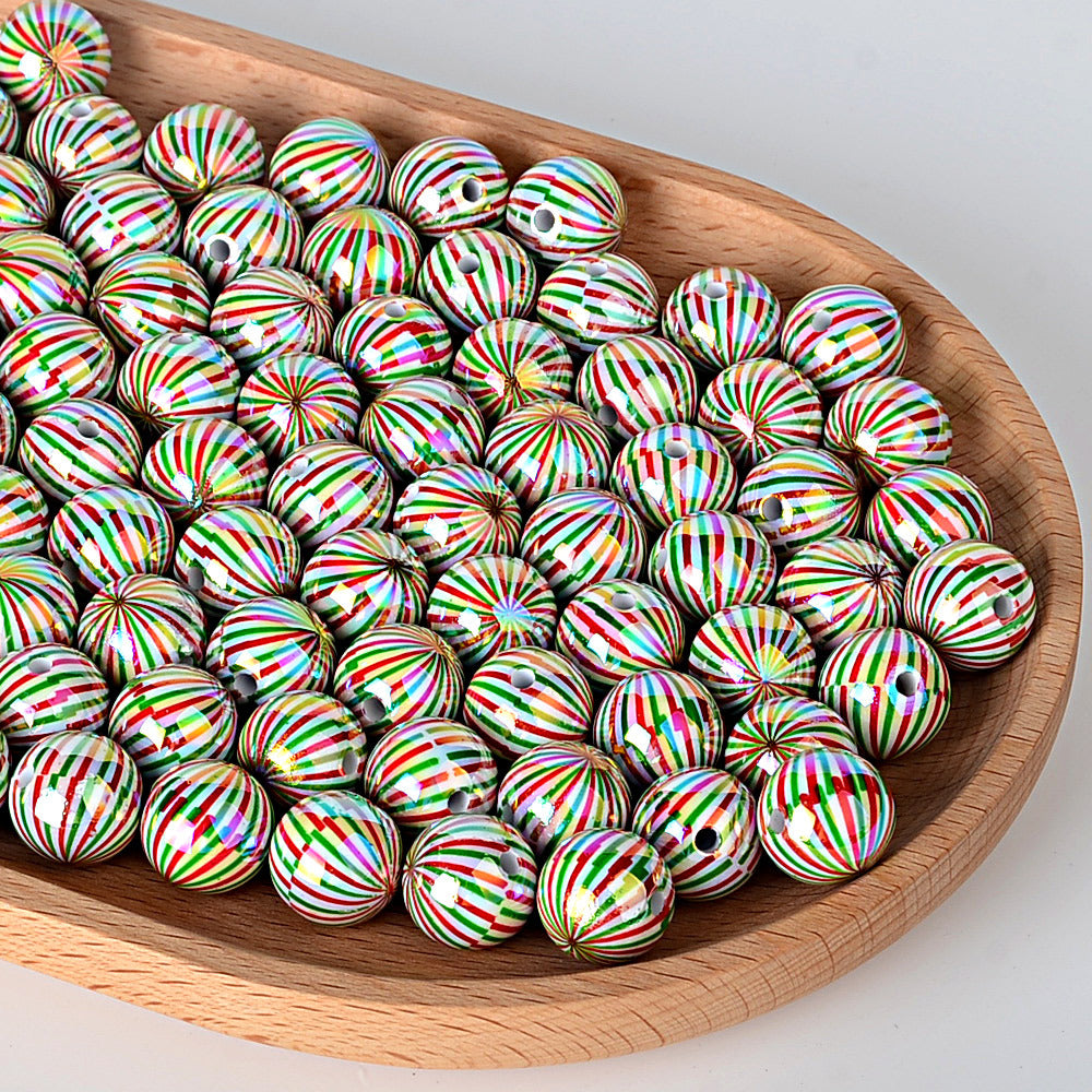 100Pcs 16mm acrylic Christmas color striped printed round beads DIY beaded mobile phone chain keychain loose beads wholesale