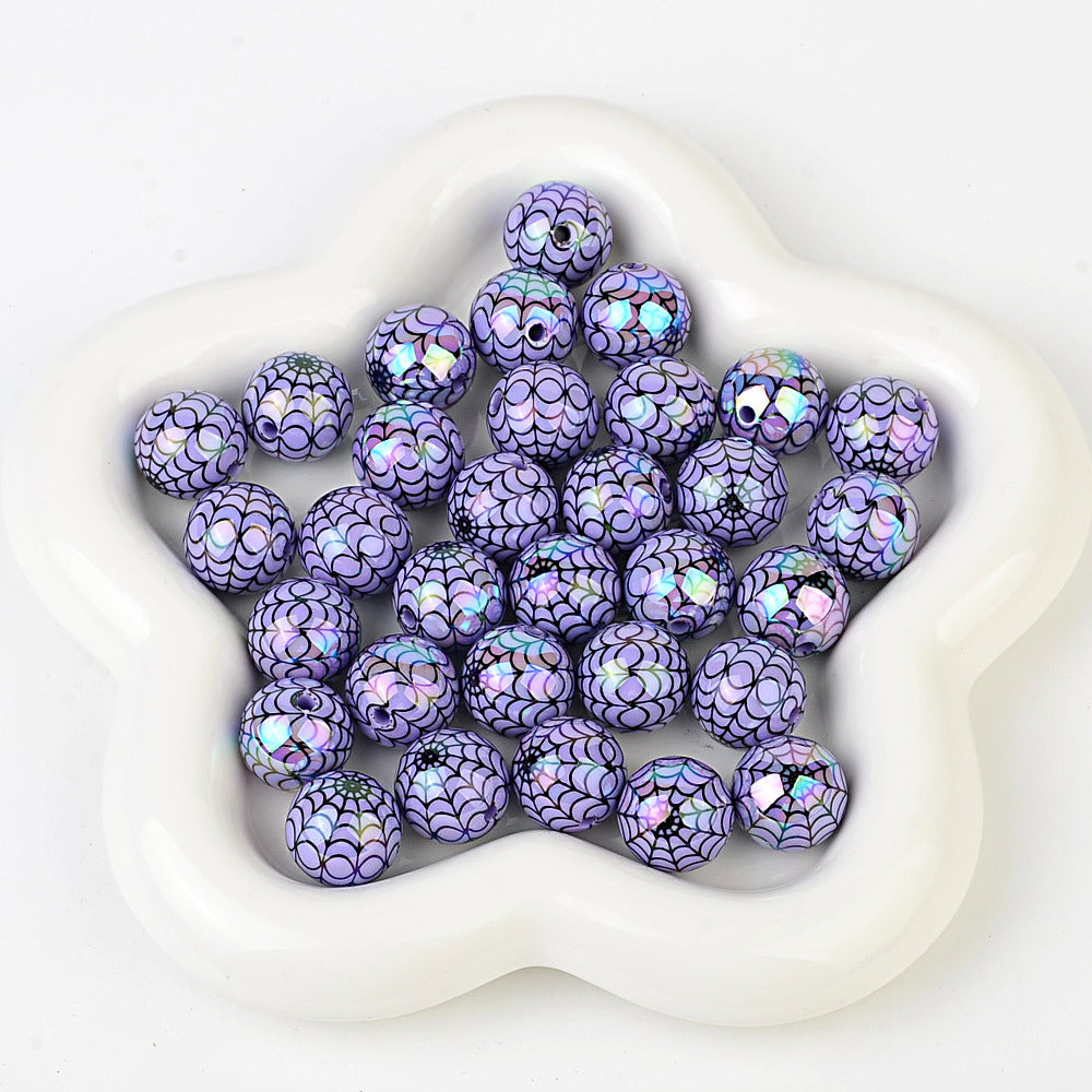 100Pcs 16mm acrylic plated color Halloween printing spider web straight hole round bead live broadcast DIY handmade beaded jewelry accessories