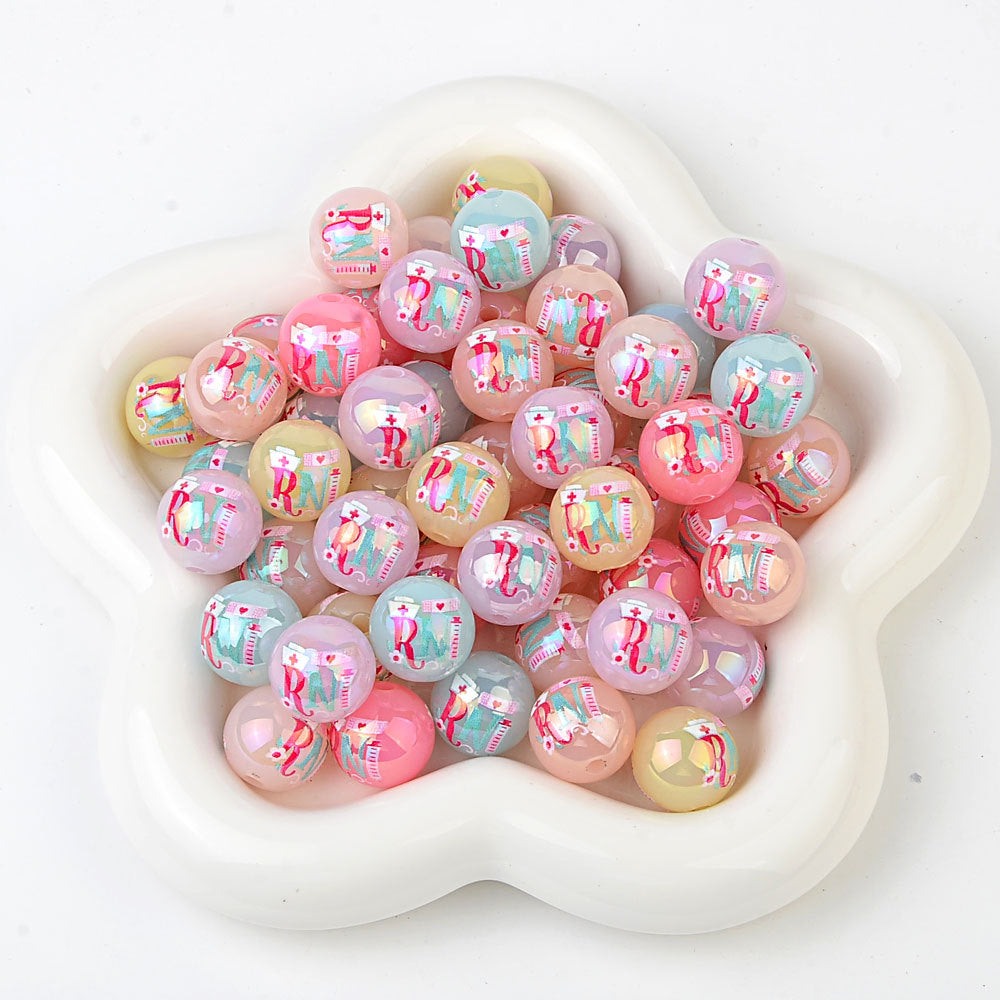100Pcs Acrylic Nurse Occupation RN Nurse Logo Straight Hole Round Bead DIY Live Mobile Phone Rope Keychain Chain Pen Accessories