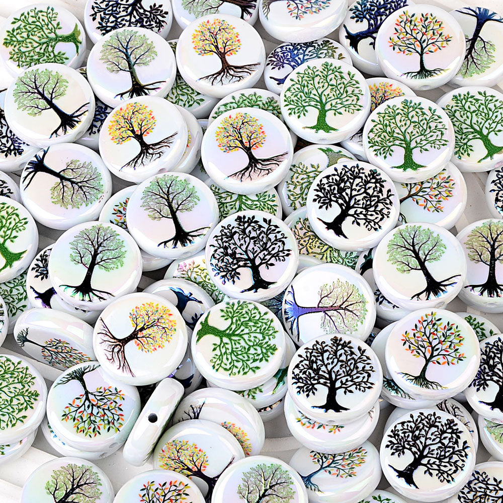 100Pcs Cross-border hot-selling Tree of Life beads Symphony white background tree pattern flat beads Handmade beading material manufacturers wholesale