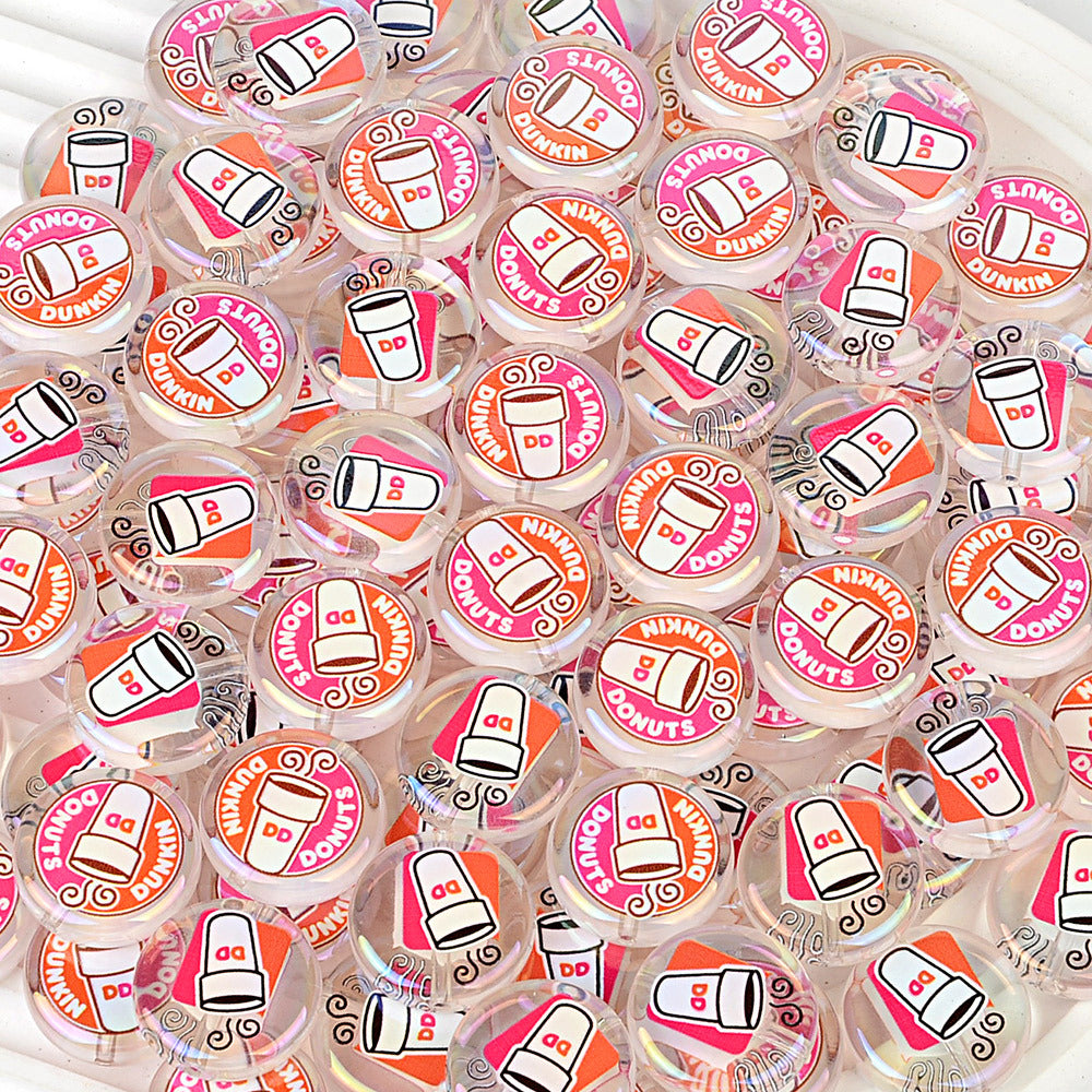 100Pcs 24mm round cake bead printing coffee cup acrylic through-hole beads DIY handmade beaded keychain accessories wholesale